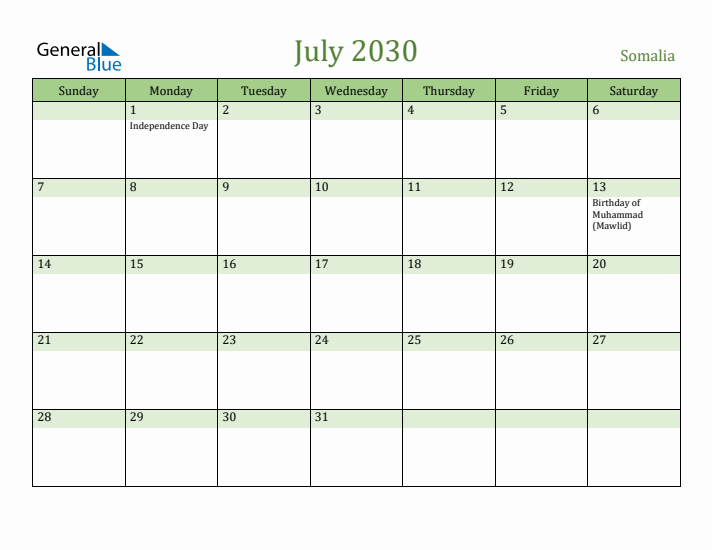 July 2030 Calendar with Somalia Holidays
