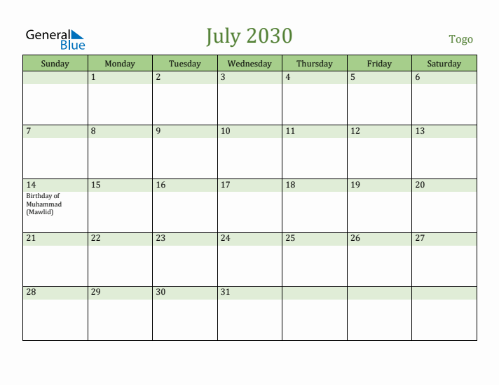 July 2030 Calendar with Togo Holidays