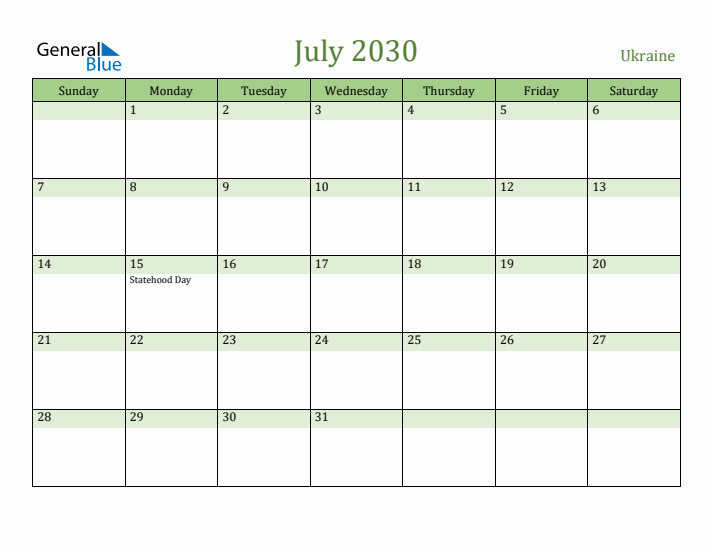 July 2030 Calendar with Ukraine Holidays