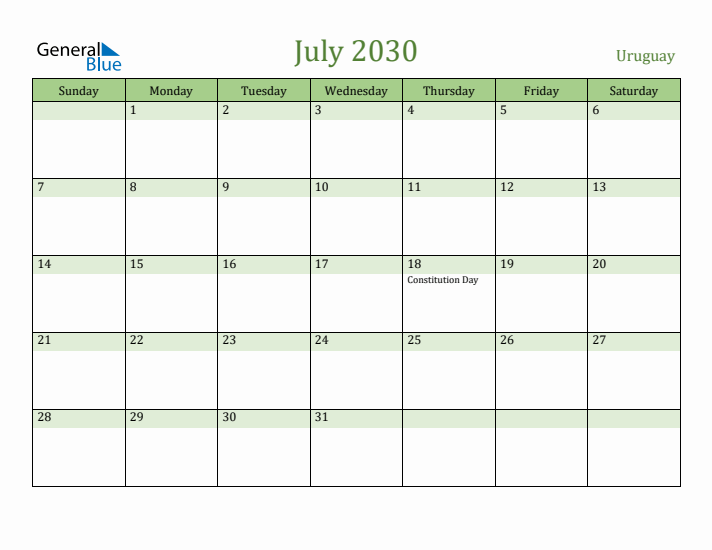 July 2030 Calendar with Uruguay Holidays