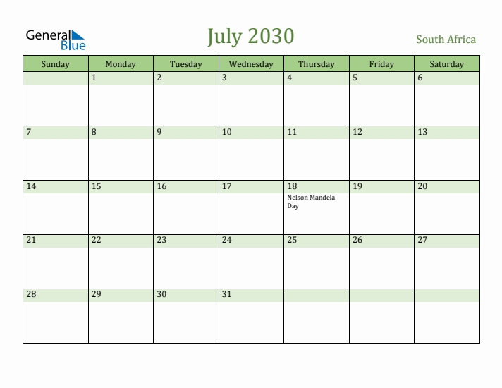 July 2030 Calendar with South Africa Holidays