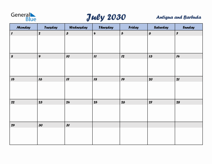 July 2030 Calendar with Holidays in Antigua and Barbuda