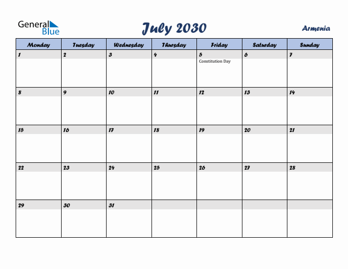 July 2030 Calendar with Holidays in Armenia