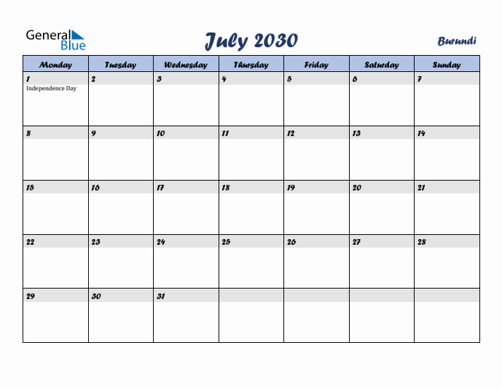 July 2030 Calendar with Holidays in Burundi
