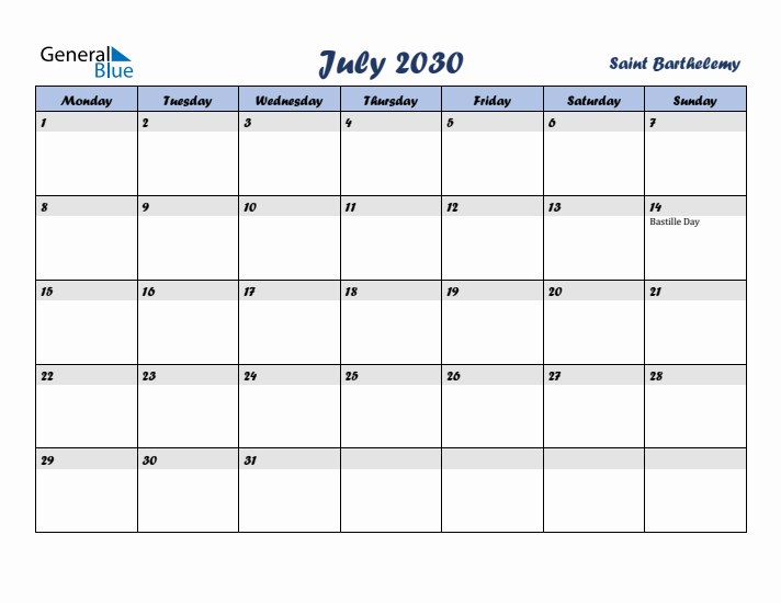 July 2030 Calendar with Holidays in Saint Barthelemy
