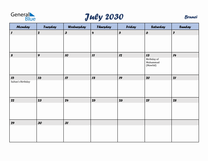 July 2030 Calendar with Holidays in Brunei