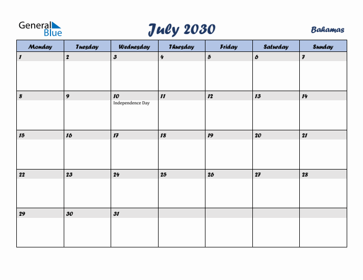 July 2030 Calendar with Holidays in Bahamas