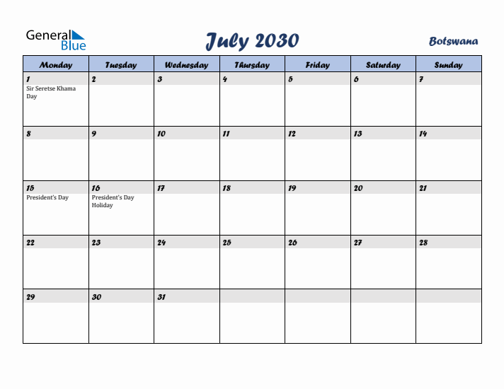 July 2030 Calendar with Holidays in Botswana