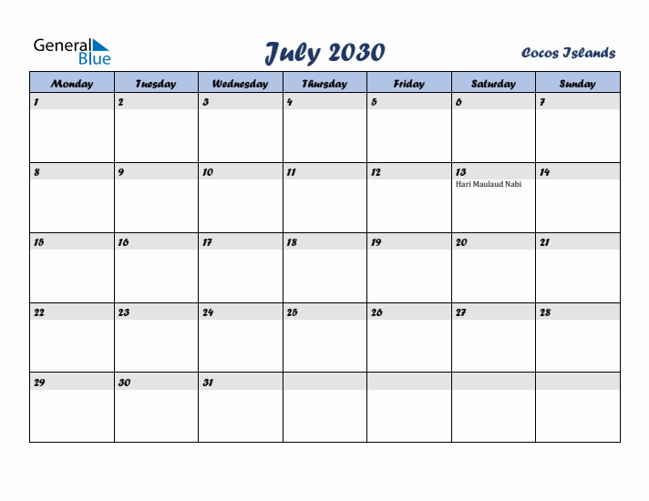 July 2030 Calendar with Holidays in Cocos Islands