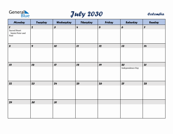 July 2030 Calendar with Holidays in Colombia