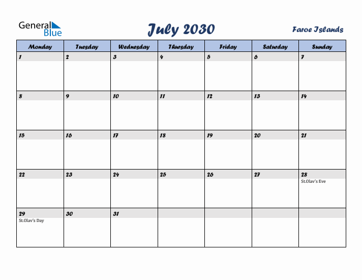 July 2030 Calendar with Holidays in Faroe Islands