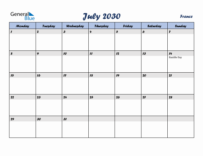 July 2030 Calendar with Holidays in France