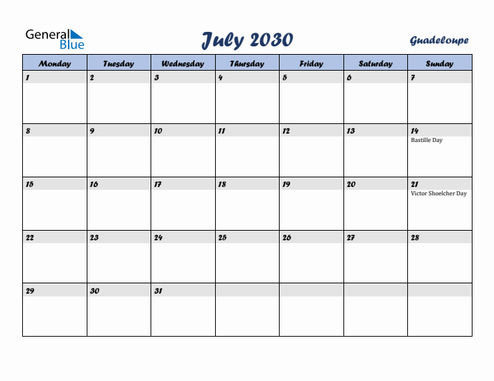 July 2030 Calendar with Holidays in Guadeloupe