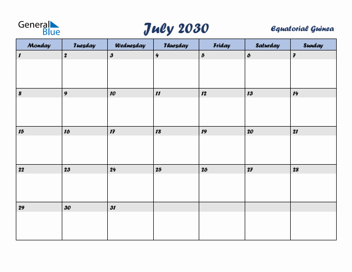 July 2030 Calendar with Holidays in Equatorial Guinea