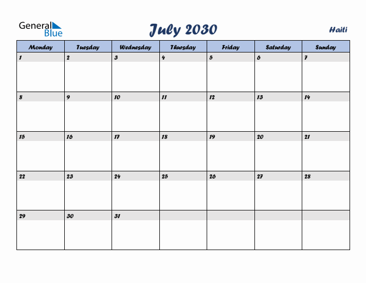 July 2030 Calendar with Holidays in Haiti