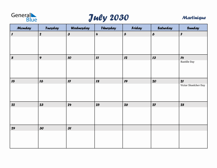 July 2030 Calendar with Holidays in Martinique