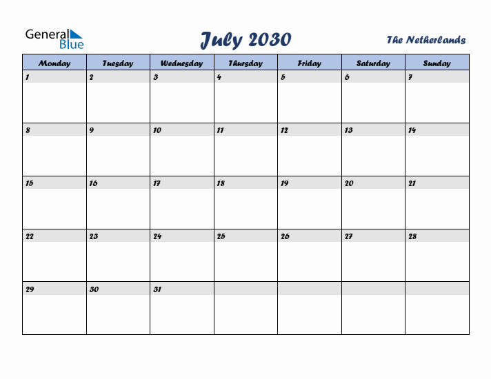 July 2030 Calendar with Holidays in The Netherlands