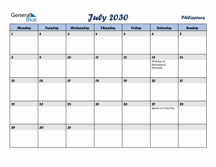 July 2030 Calendar with Holidays in Philippines