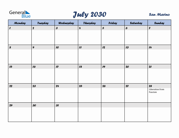 July 2030 Calendar with Holidays in San Marino