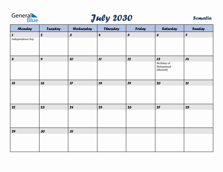 July 2030 Calendar with Holidays in Somalia