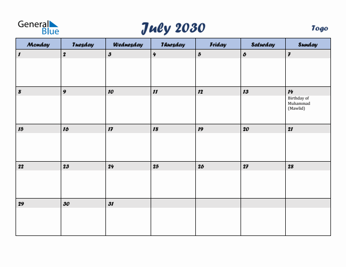 July 2030 Calendar with Holidays in Togo