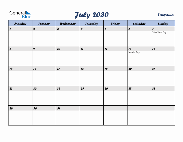 July 2030 Calendar with Holidays in Tanzania