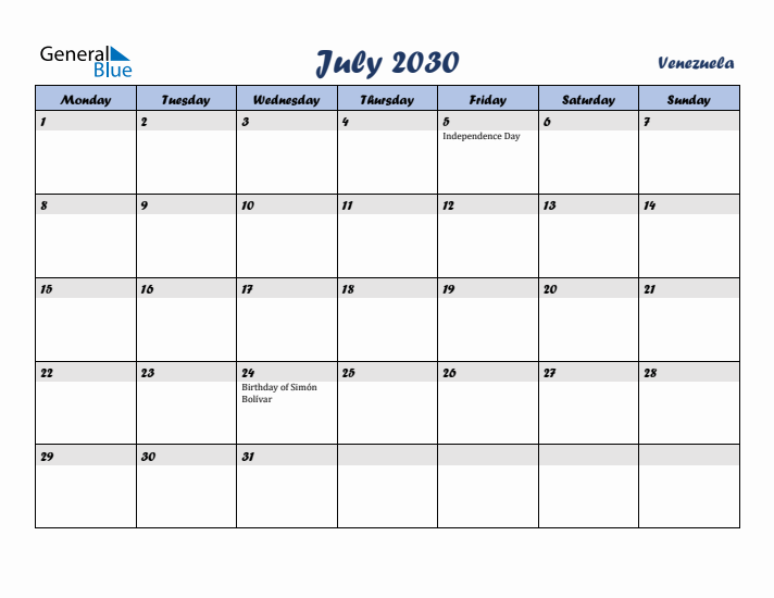 July 2030 Calendar with Holidays in Venezuela