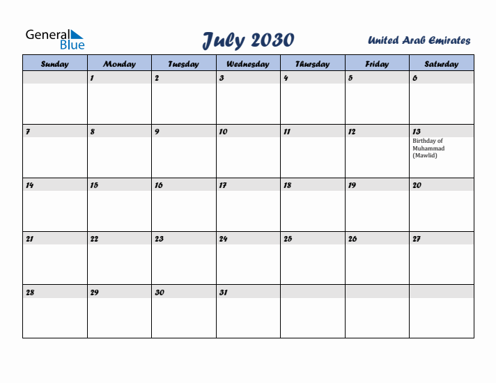 July 2030 Calendar with Holidays in United Arab Emirates