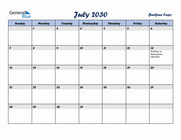July 2030 Calendar with Holidays in Burkina Faso