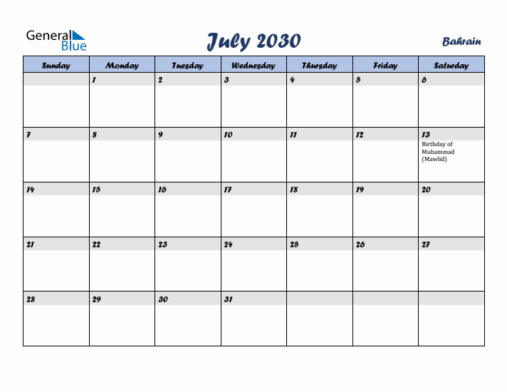 July 2030 Calendar with Holidays in Bahrain