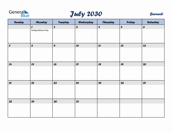 July 2030 Calendar with Holidays in Burundi