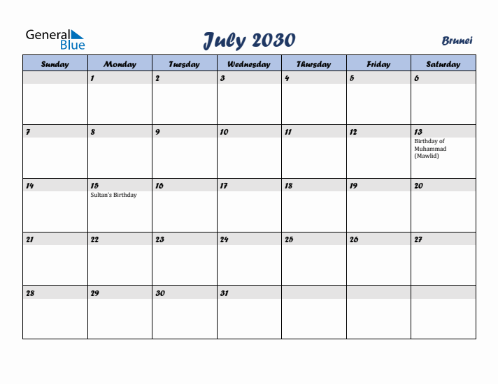July 2030 Calendar with Holidays in Brunei