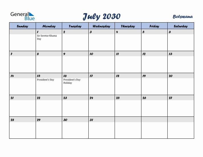 July 2030 Calendar with Holidays in Botswana
