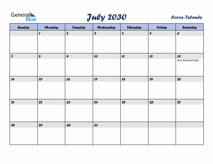 July 2030 Calendar with Holidays in Cocos Islands