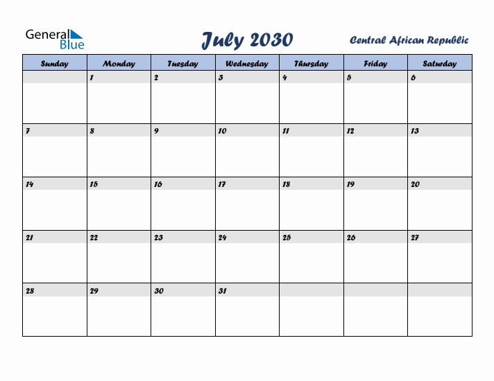 July 2030 Calendar with Holidays in Central African Republic