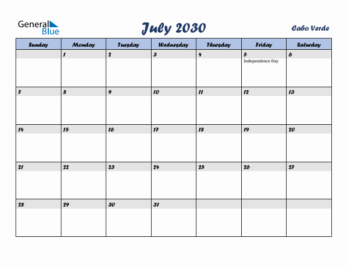 July 2030 Calendar with Holidays in Cabo Verde