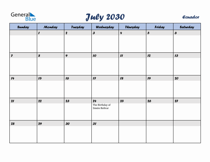 July 2030 Calendar with Holidays in Ecuador