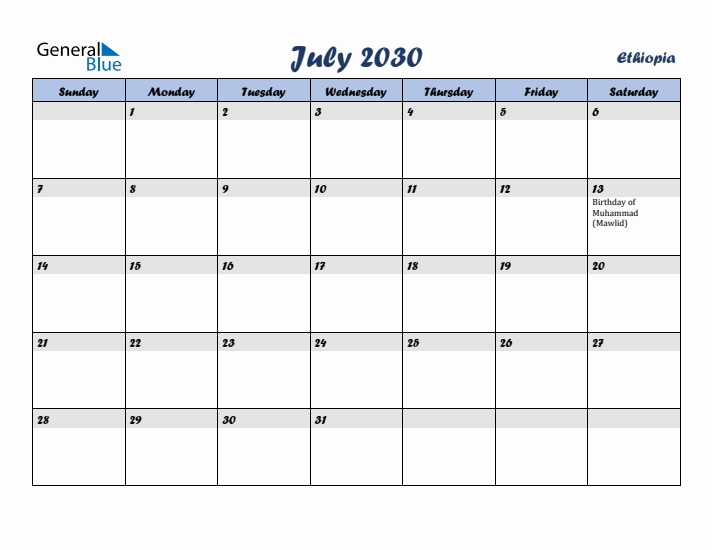 July 2030 Calendar with Holidays in Ethiopia