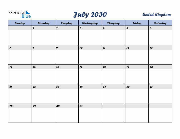 July 2030 Calendar with Holidays in United Kingdom