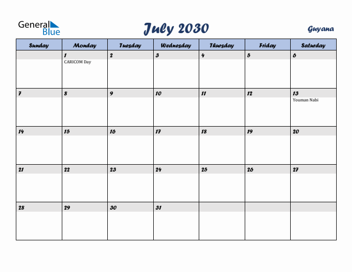July 2030 Calendar with Holidays in Guyana