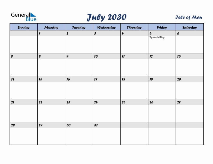 July 2030 Calendar with Holidays in Isle of Man