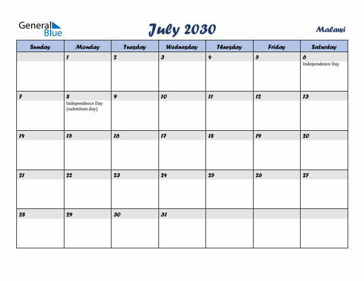 July 2030 Calendar with Holidays in Malawi