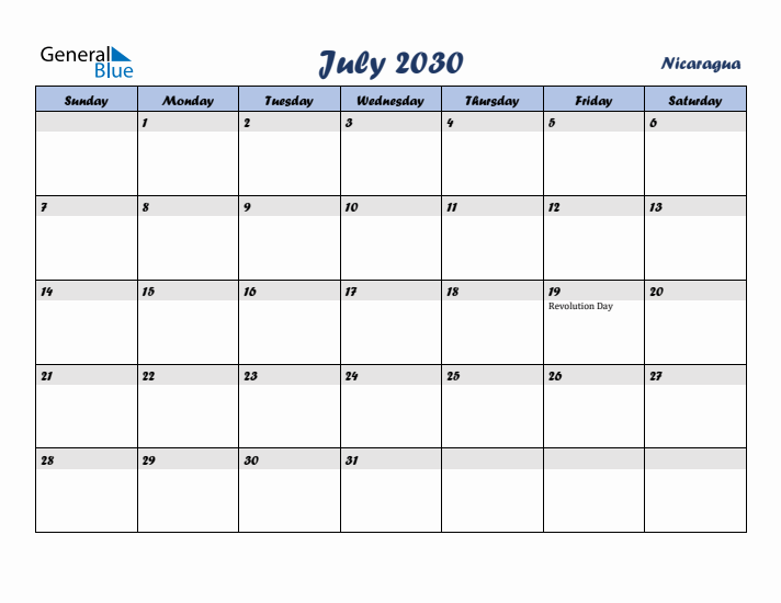July 2030 Calendar with Holidays in Nicaragua