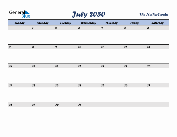 July 2030 Calendar with Holidays in The Netherlands