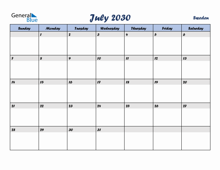 July 2030 Calendar with Holidays in Sweden