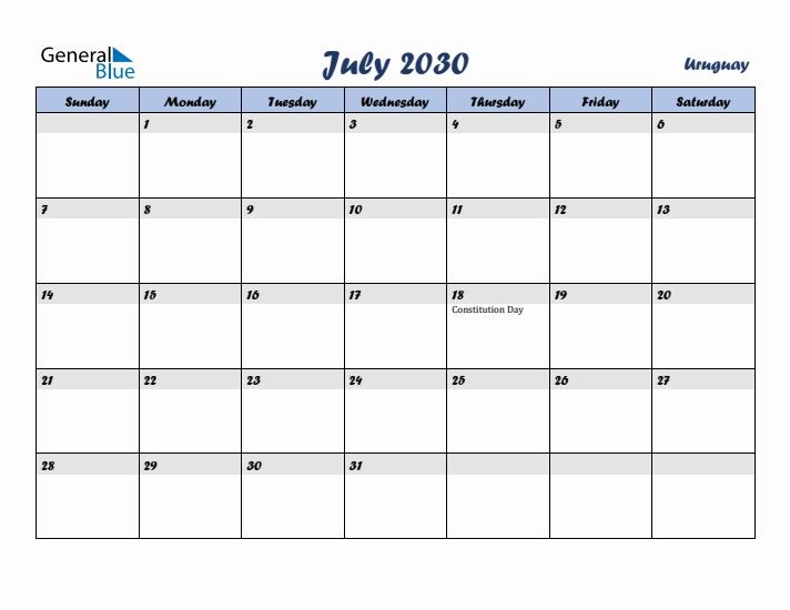 July 2030 Calendar with Holidays in Uruguay