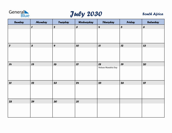 July 2030 Calendar with Holidays in South Africa