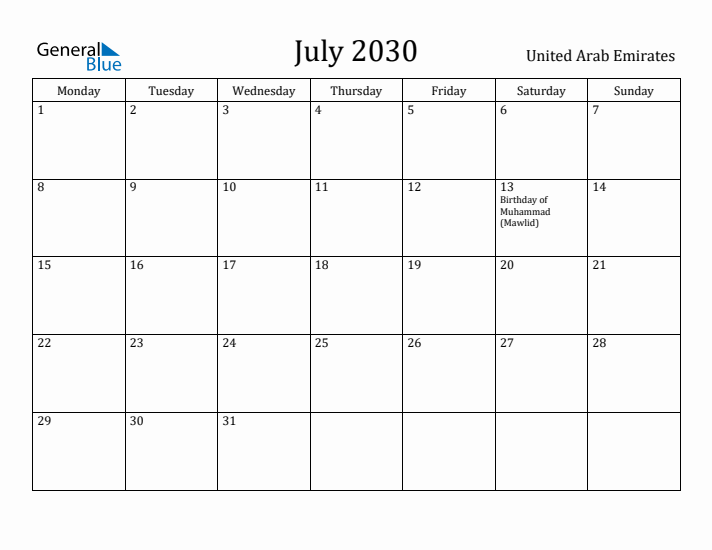 July 2030 Calendar United Arab Emirates