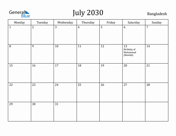 July 2030 Calendar Bangladesh