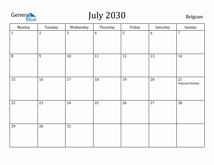 July 2030 Calendar Belgium